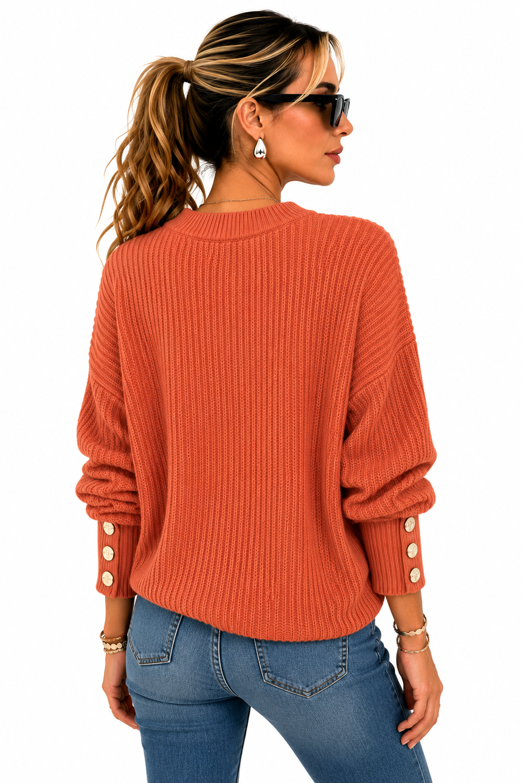 Suéter Feminino Tricô Terracota Premium com Botões
