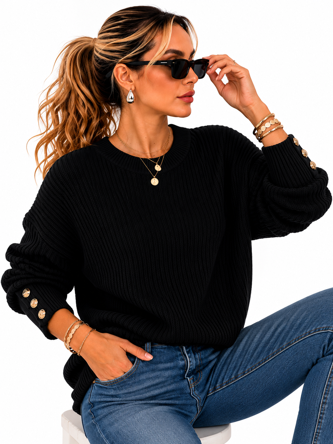 Suéter Feminino Tricô Preto Premium com Botões Dourados