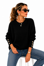 Suéter Feminino Tricô Preto Premium com Botões Dourados