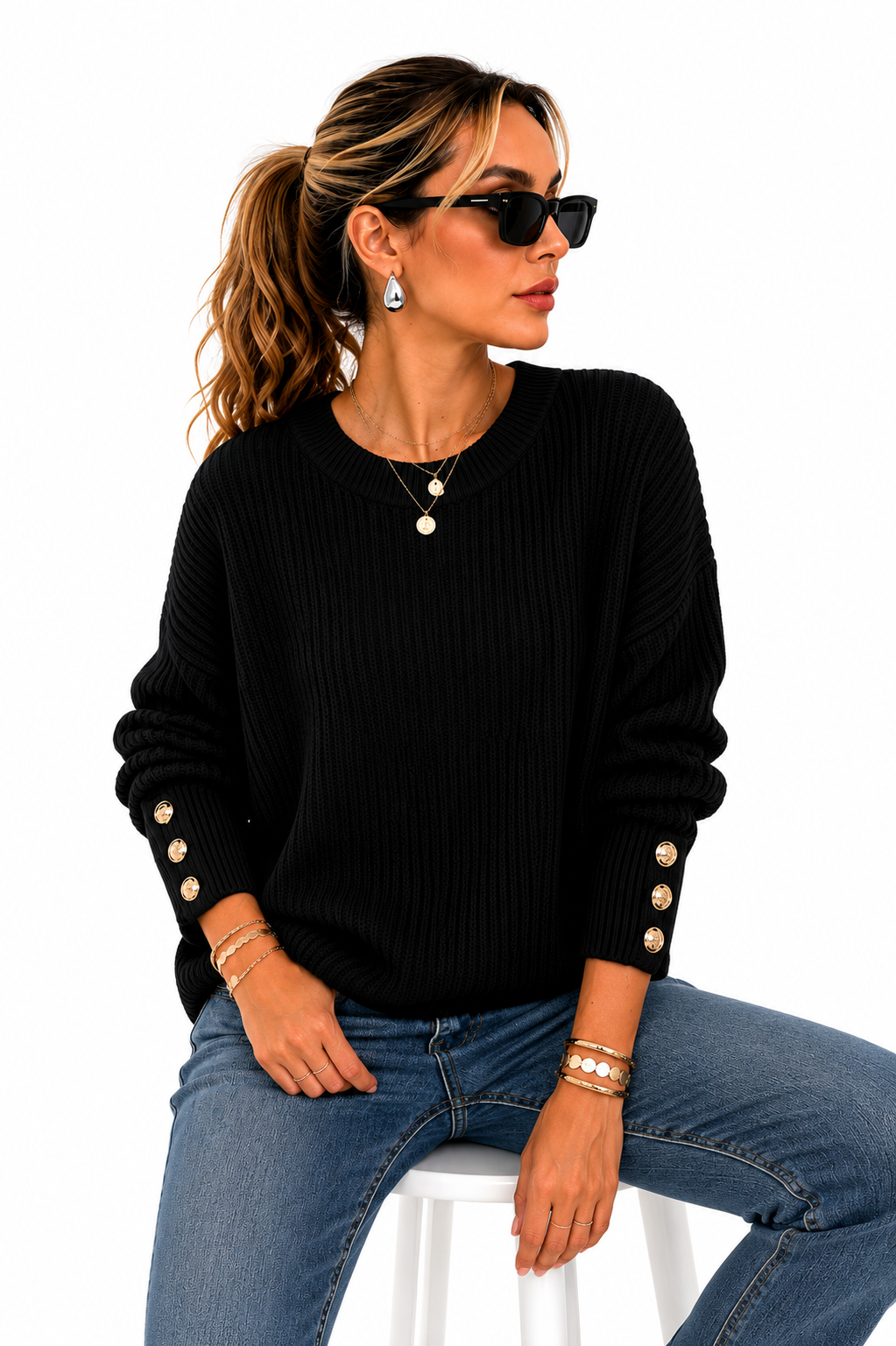 Suéter Feminino Tricô Preto Premium com Botões Dourados