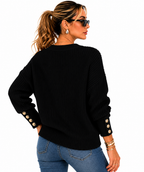 Suéter Feminino Tricô Preto Premium com Botões Dourados