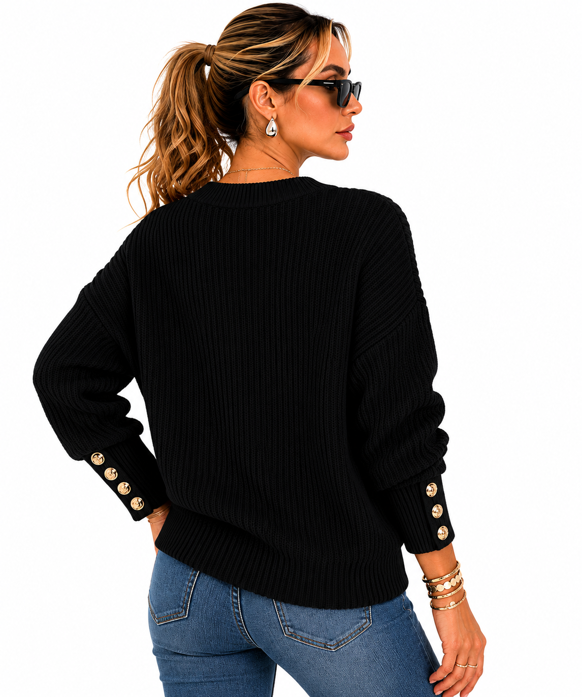 Suéter Feminino Tricô Preto Premium com Botões Dourados