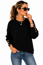 Suéter Feminino Tricô Preto Premium com Botões Dourados