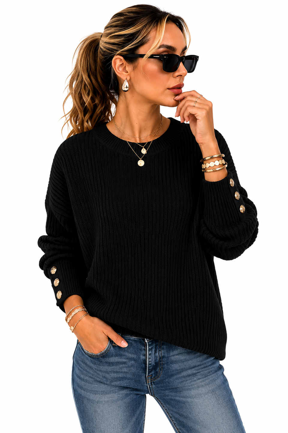 Suéter Feminino Tricô Preto Premium com Botões Dourados