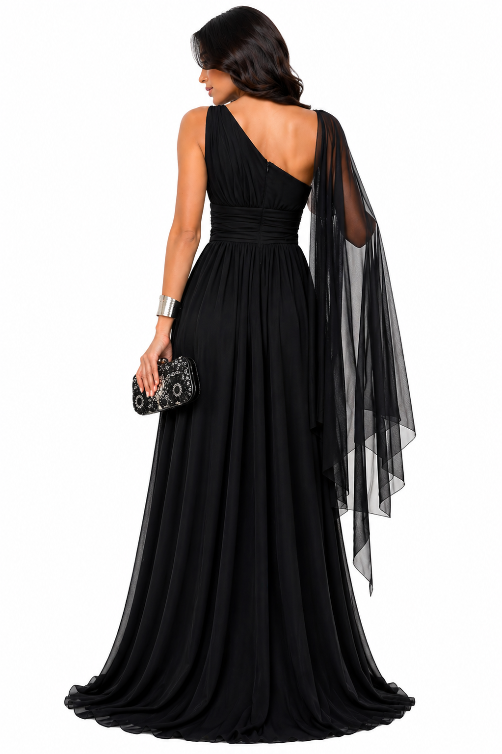Vestido Gabi Elegância em Chiffon Ombro Único Preto