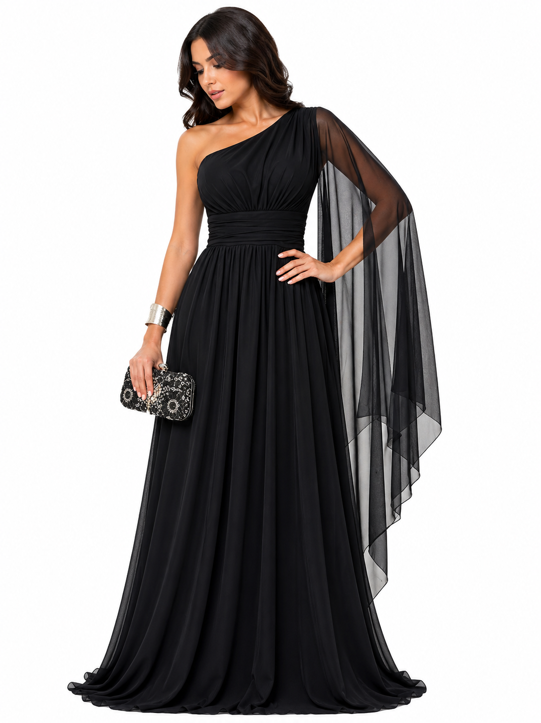 Vestido Gabi Elegância em Chiffon Ombro Único Preto