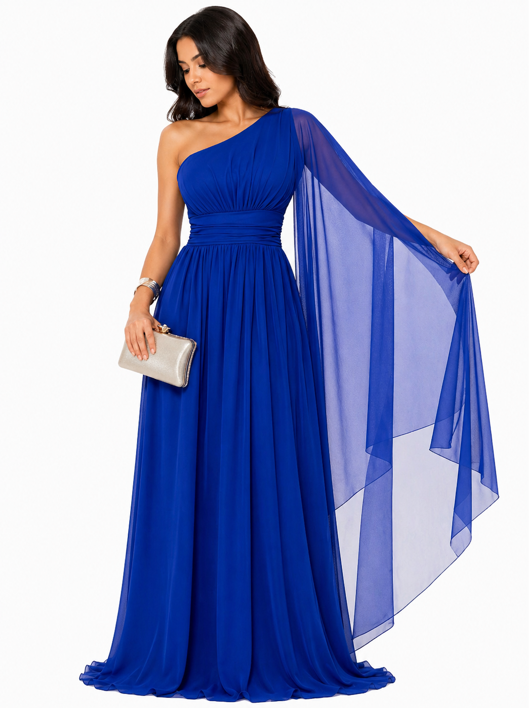 Vestido Gabi Elegância em Chiffon Ombro Único Azul Royal