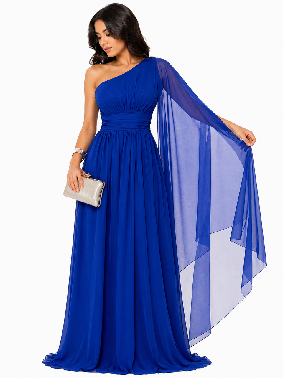 Vestido Gabi Elegância em Chiffon Ombro Único Azul Royal