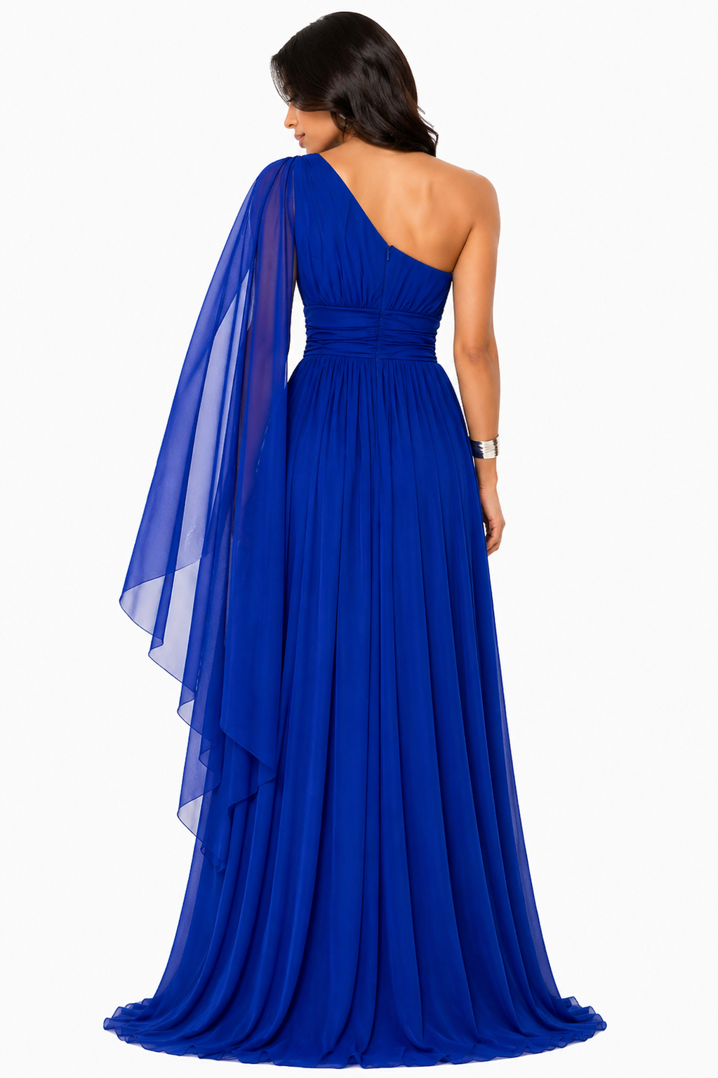 Vestido Gabi Elegância em Chiffon Ombro Único Azul Royal