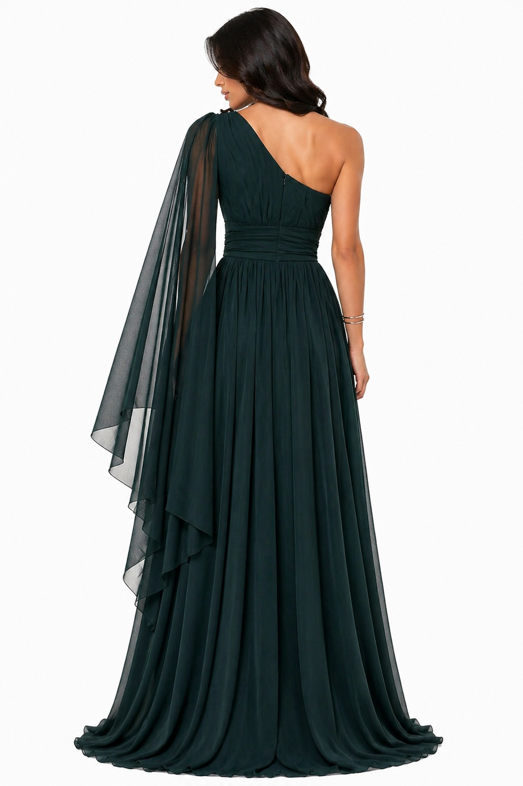 Vestido Gabi Elegância em Chiffon Ombro Único Verde Escuro