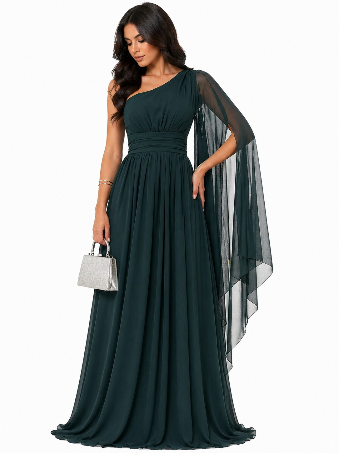 Vestido Gabi Elegância em Chiffon Ombro Único Verde Escuro