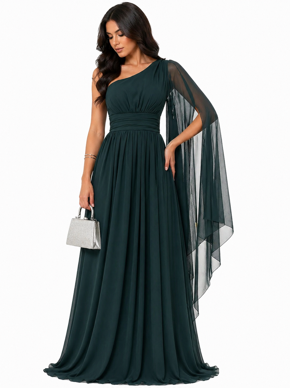 Vestido Gabi Elegância em Chiffon Ombro Único Verde Escuro