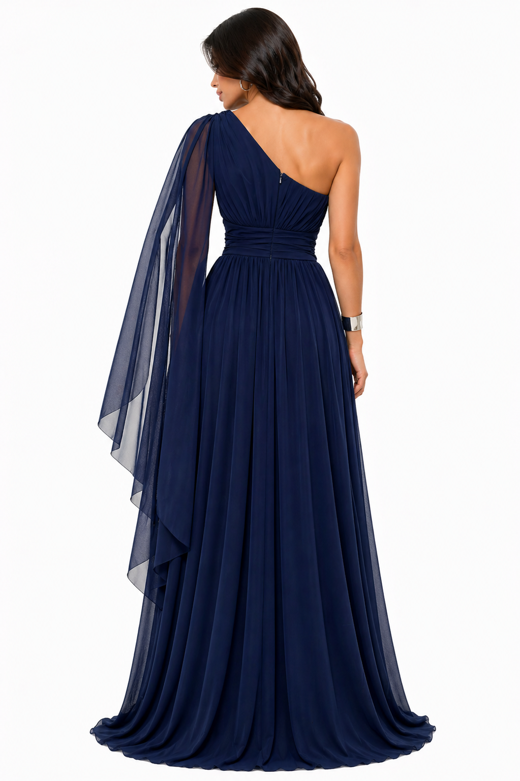 Vestido Gabi Elegância em Chiffon Ombro Único Azul Marinho