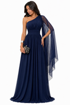 Vestido Gabi Elegância em Chiffon Ombro Único Azul Marinho