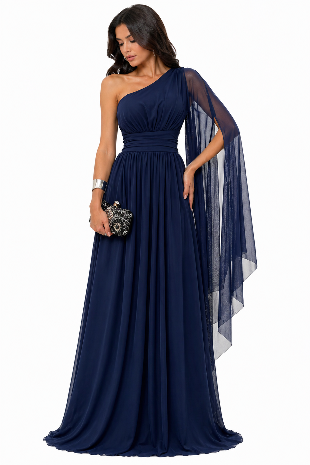 Vestido Gabi Elegância em Chiffon Ombro Único Azul Marinho