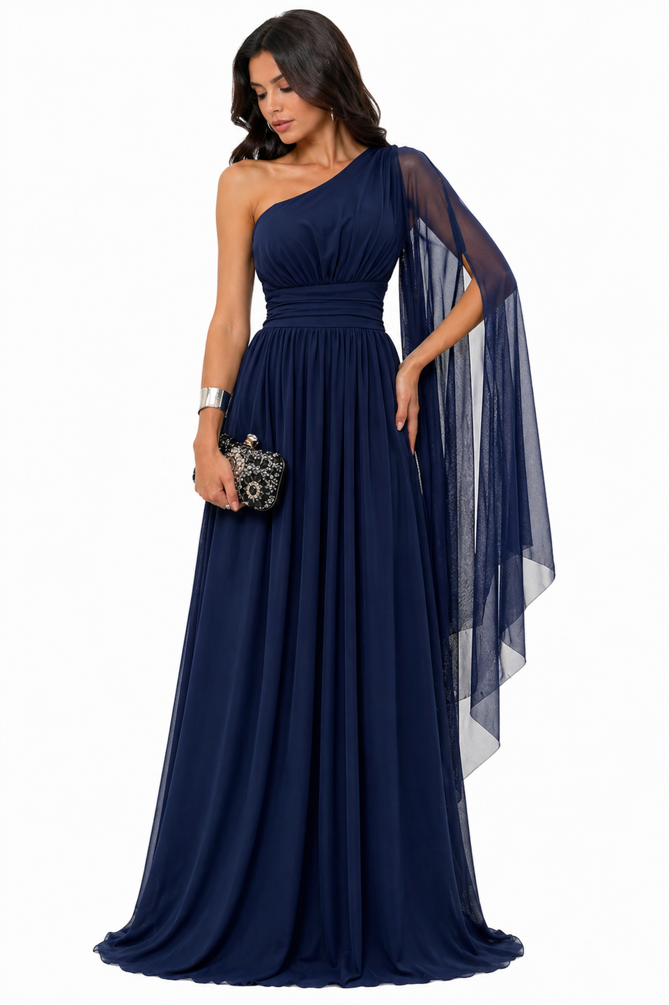 Vestido Gabi Elegância em Chiffon Ombro Único Azul Marinho