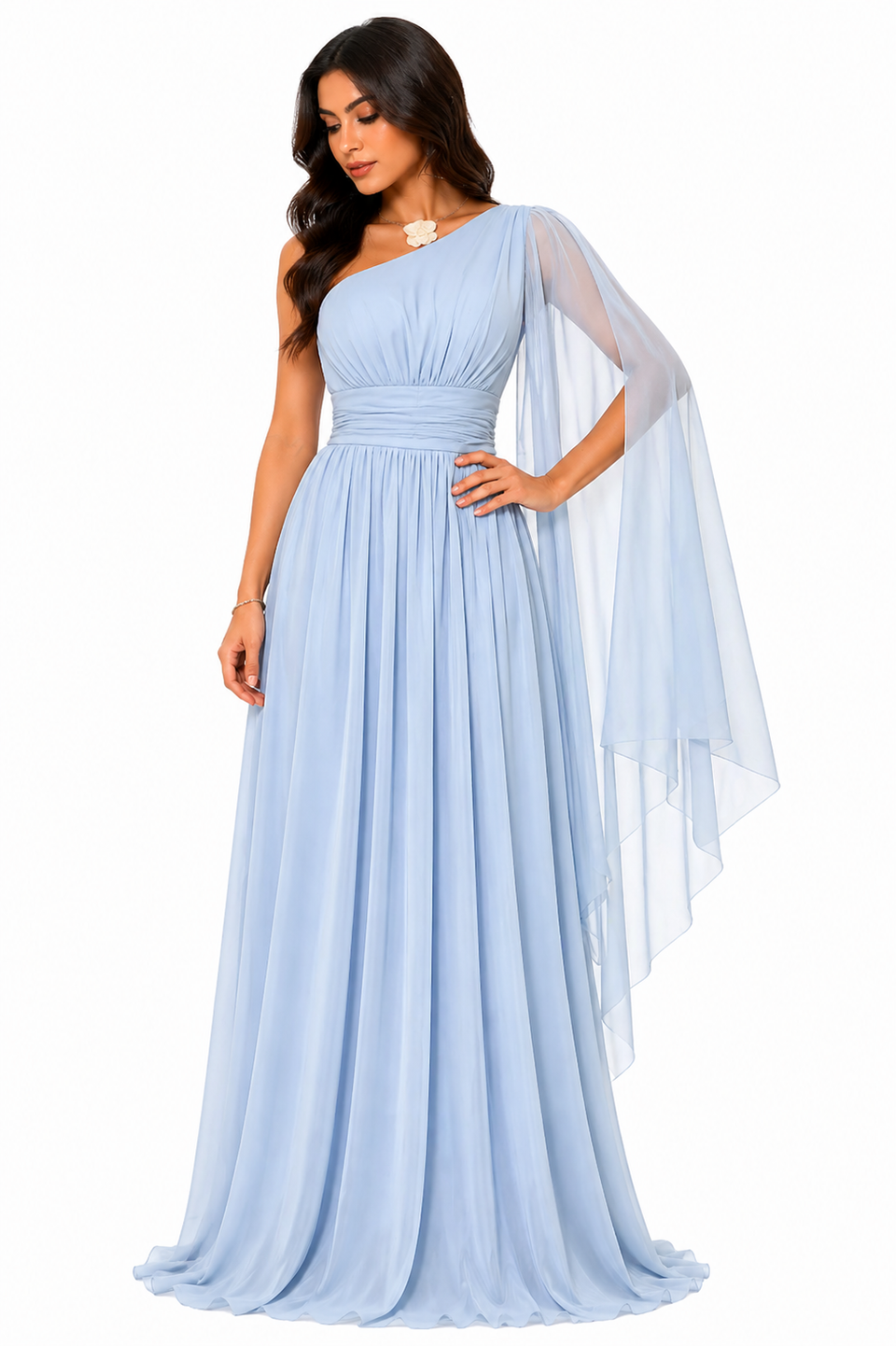 Vestido Gabi Elegância em Chiffon Ombro Único Azul