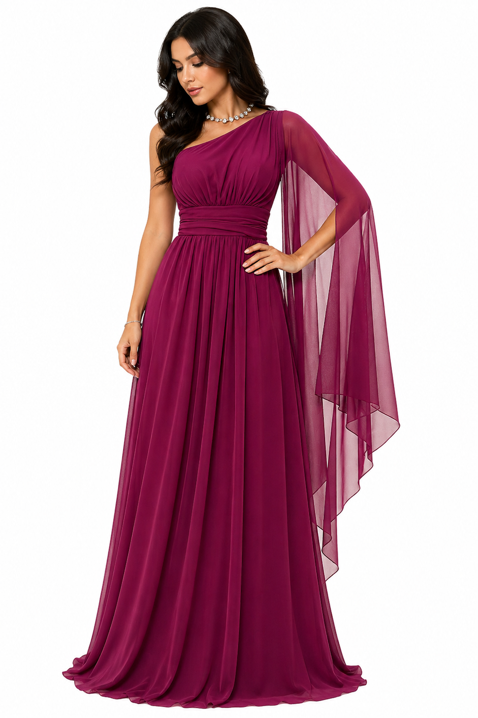 Vestido Gabi Elegância em Chiffon Ombro Único Vinho