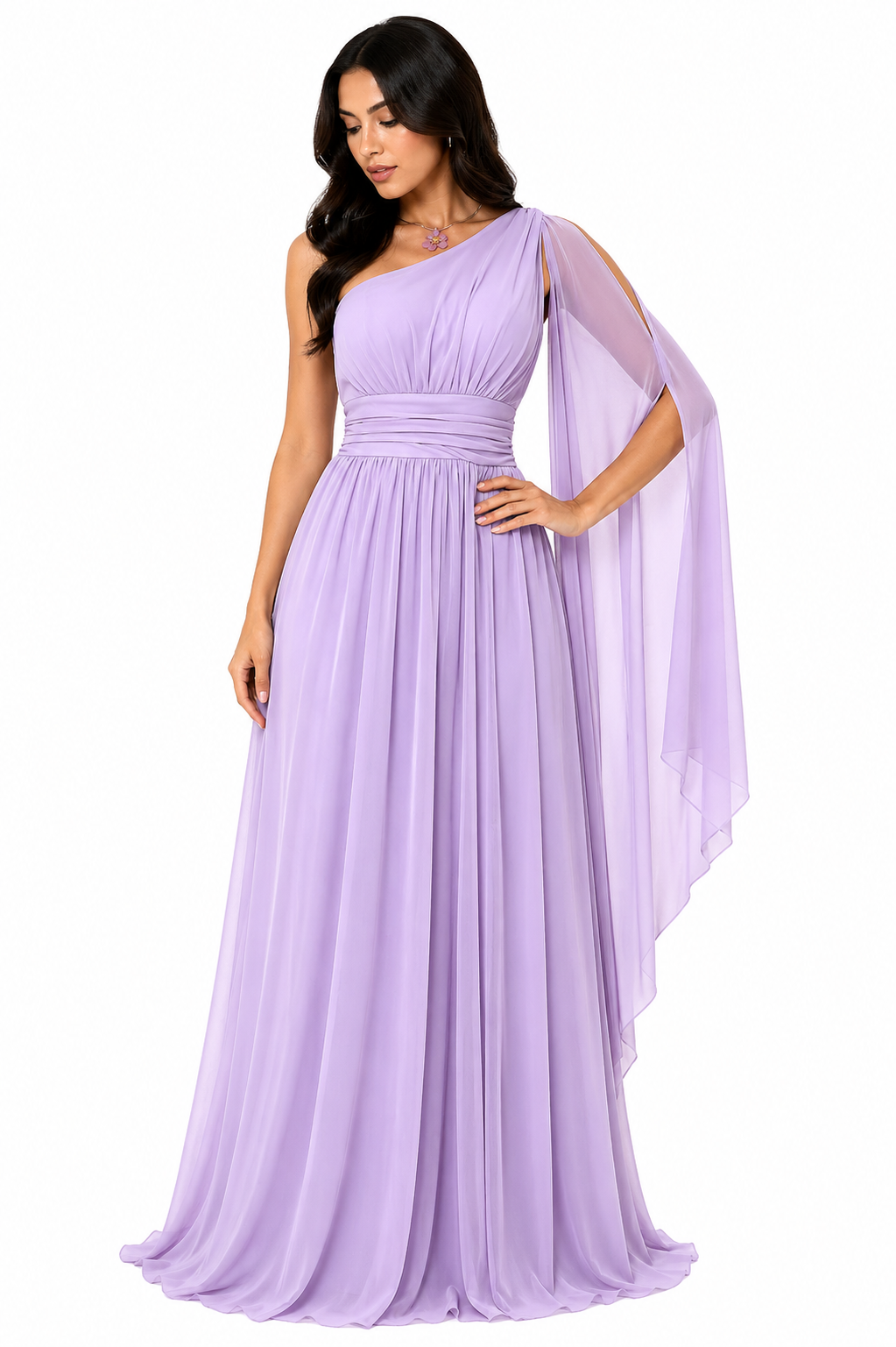 Vestido Gabi Elegância em Chiffon Ombro Único Lilás