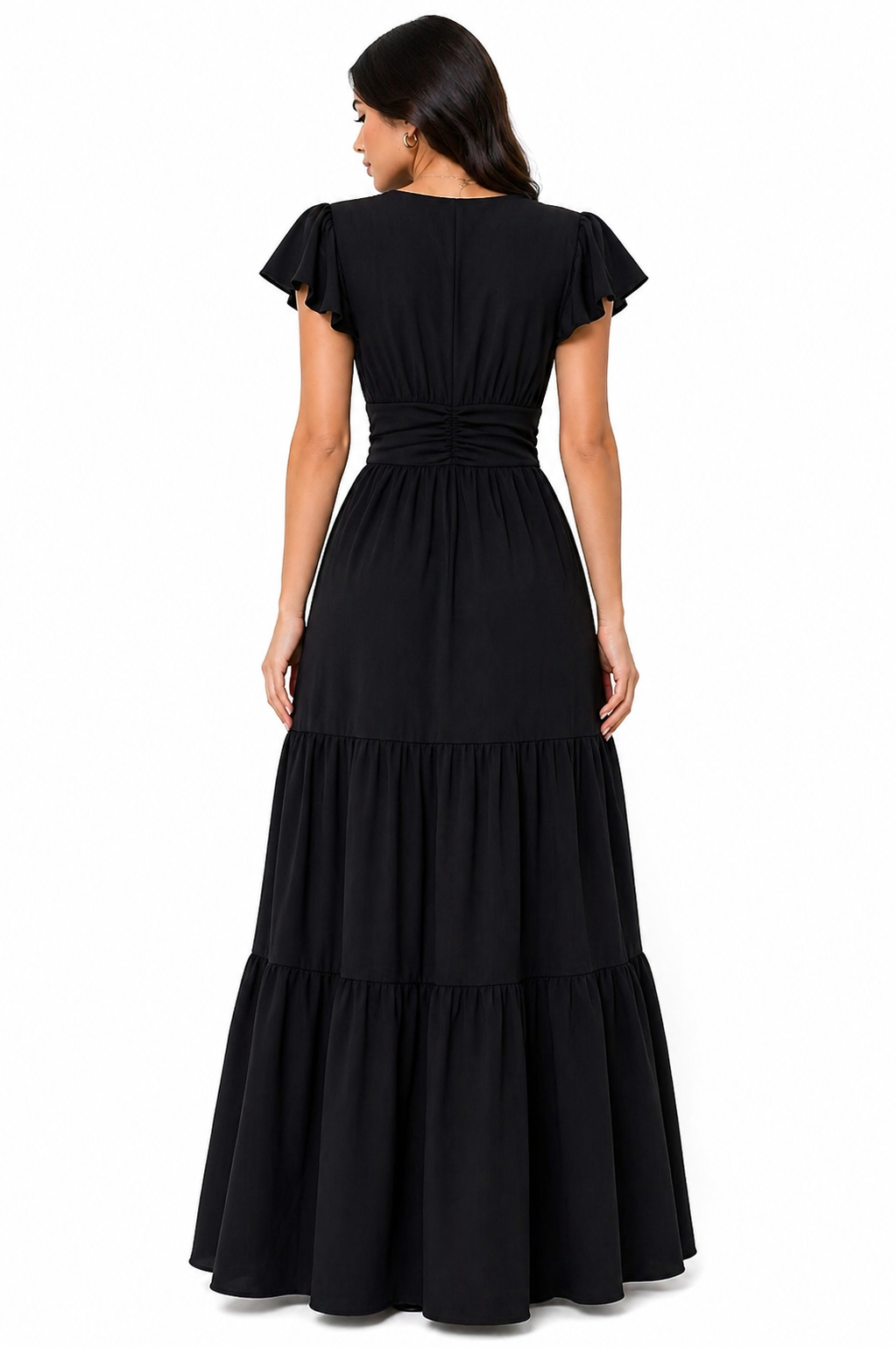 Vestido Longo com Decote e Saia Elegante Preto