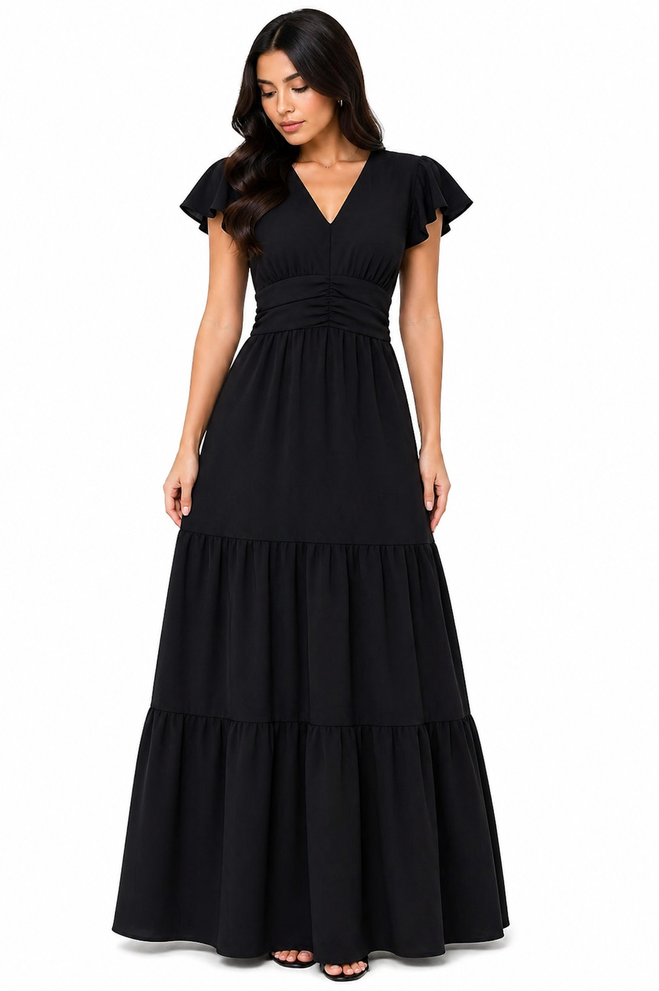 Vestido Longo com Decote e Saia Elegante Preto