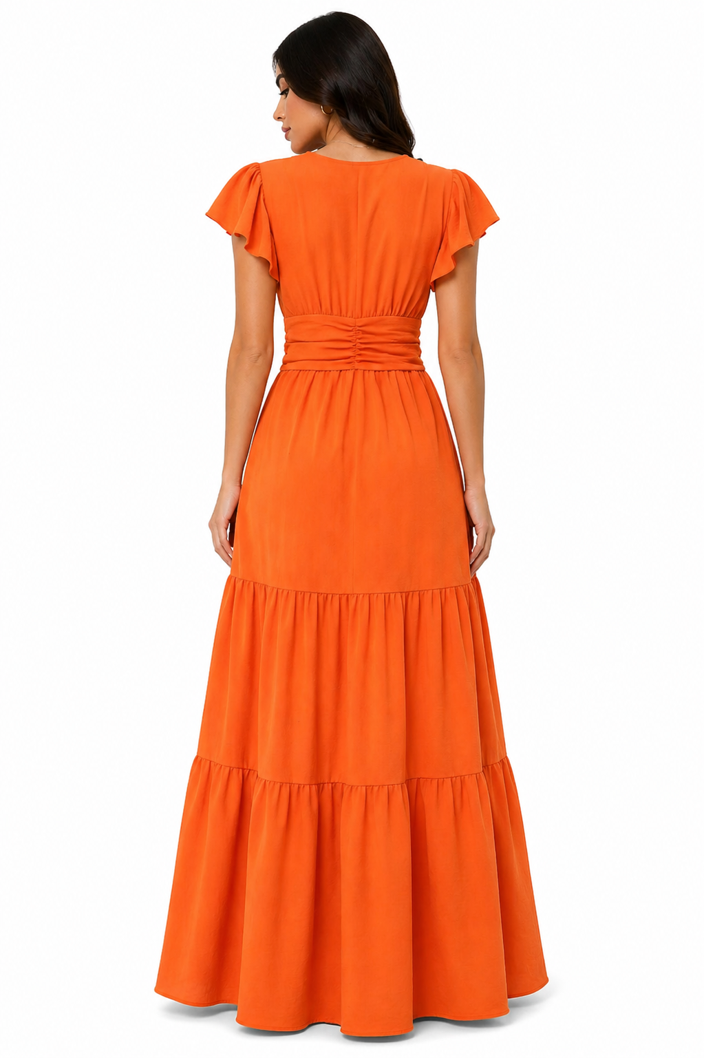 Vestido Longo com Decote e Saia Elegante Laranja