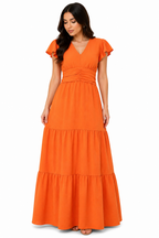Vestido Longo com Decote e Saia Elegante Laranja