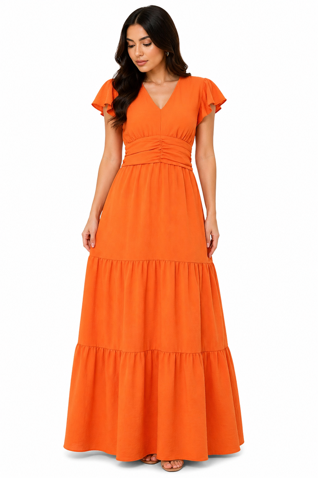 Vestido Longo com Decote e Saia Elegante Laranja