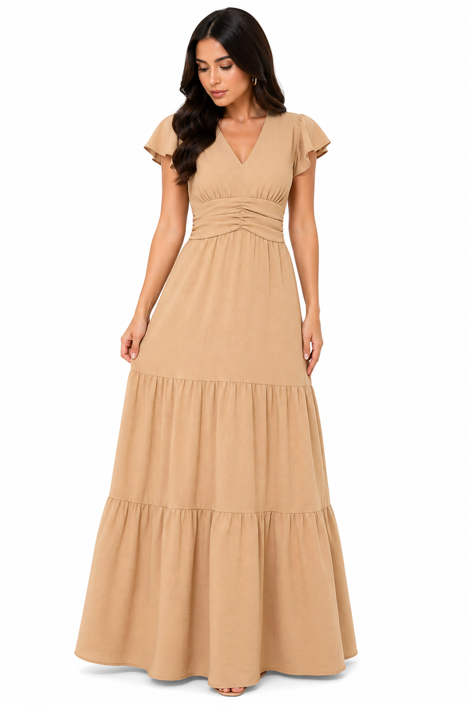 Vestido Longo com Decote e Saia Elegante Damasco
