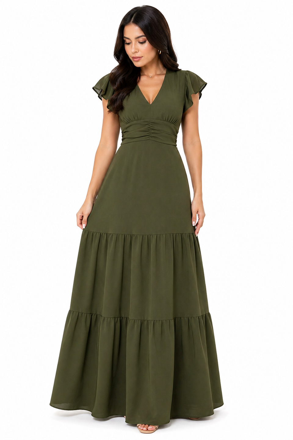Vestido Longo com Decote e Saia Elegante Verde
