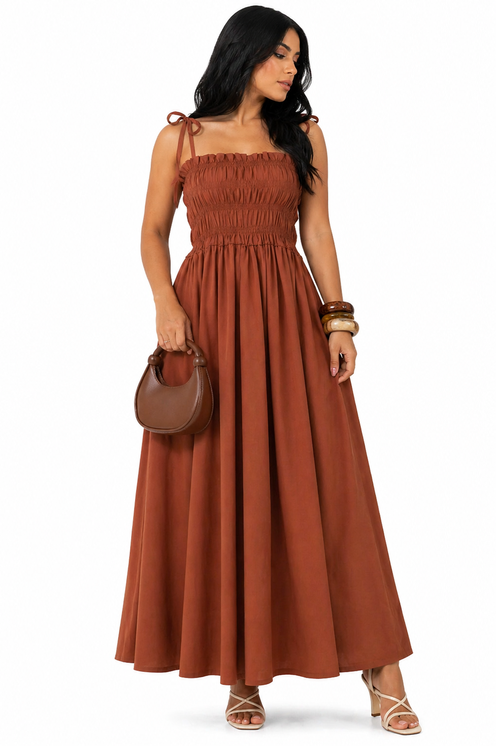 Vestido Longo Sofisticação Natural Marrom Claro