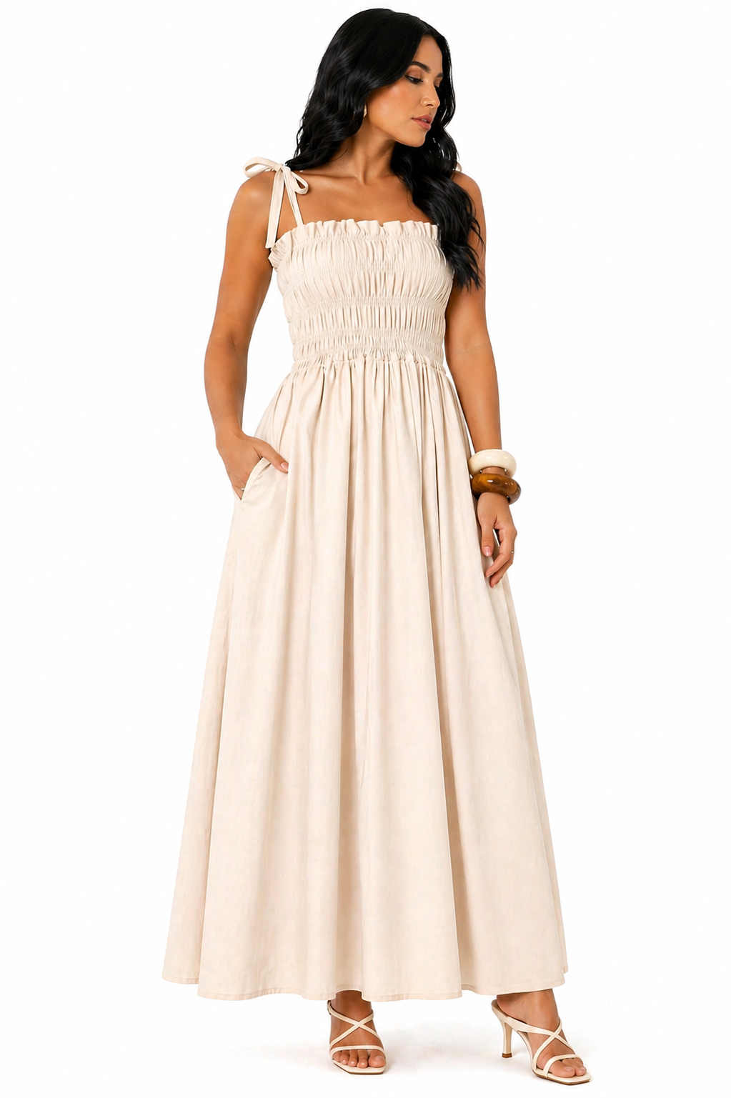 Vestido Longo Sofisticação Natural Champanhe