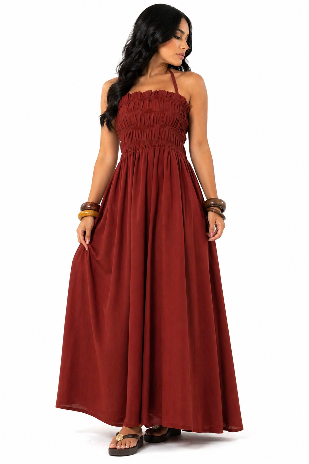 Vestido Longo Sofisticação Natural Marrom