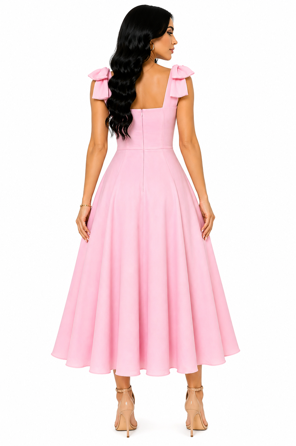 Vestido Midi Clássico Milena com Laços nos Ombros