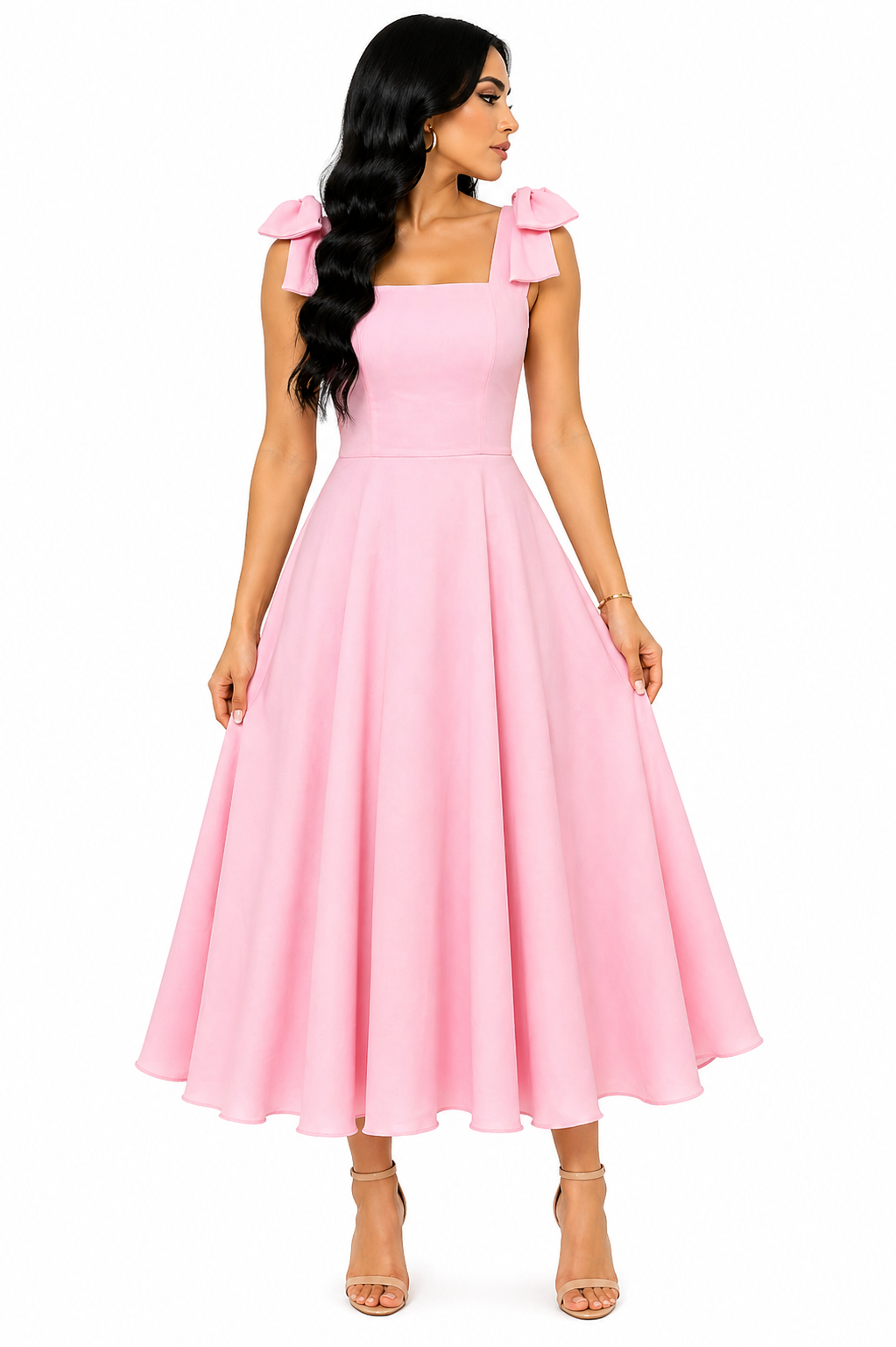 Vestido Midi Clássico Milena com Laços nos Ombros