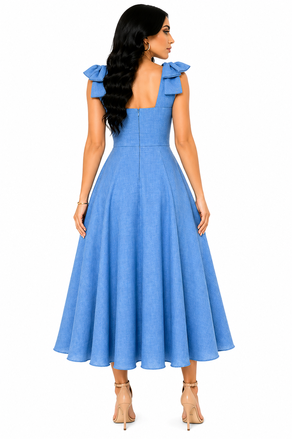 Vestido Midi Clássico Milena com Laços nos Ombros Azul