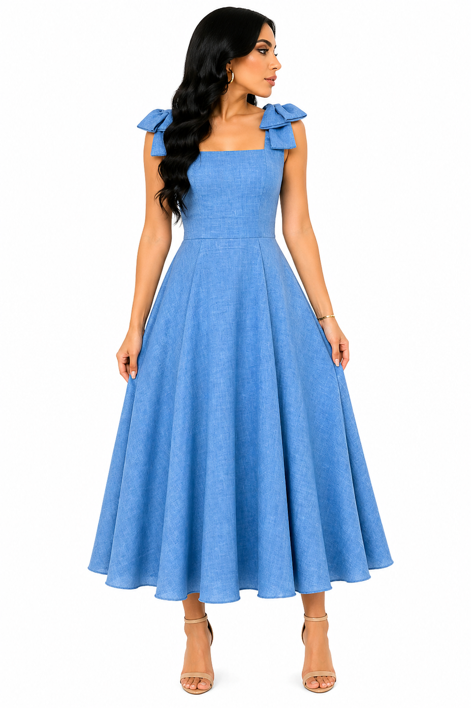 Vestido Midi Clássico Milena com Laços nos Ombros Azul