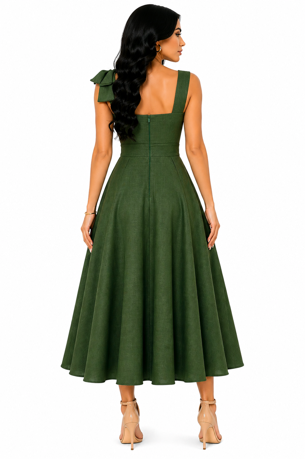 Vestido Midi Clássico Milena com Laços nos Ombros Verde Olivia