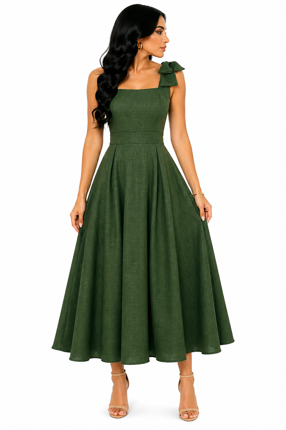 Vestido Midi Clássico Milena com Laços nos Ombros Verde Olivia