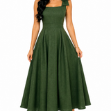Vestido Midi Clássico Milena com Laços nos Ombros Verde Olivia