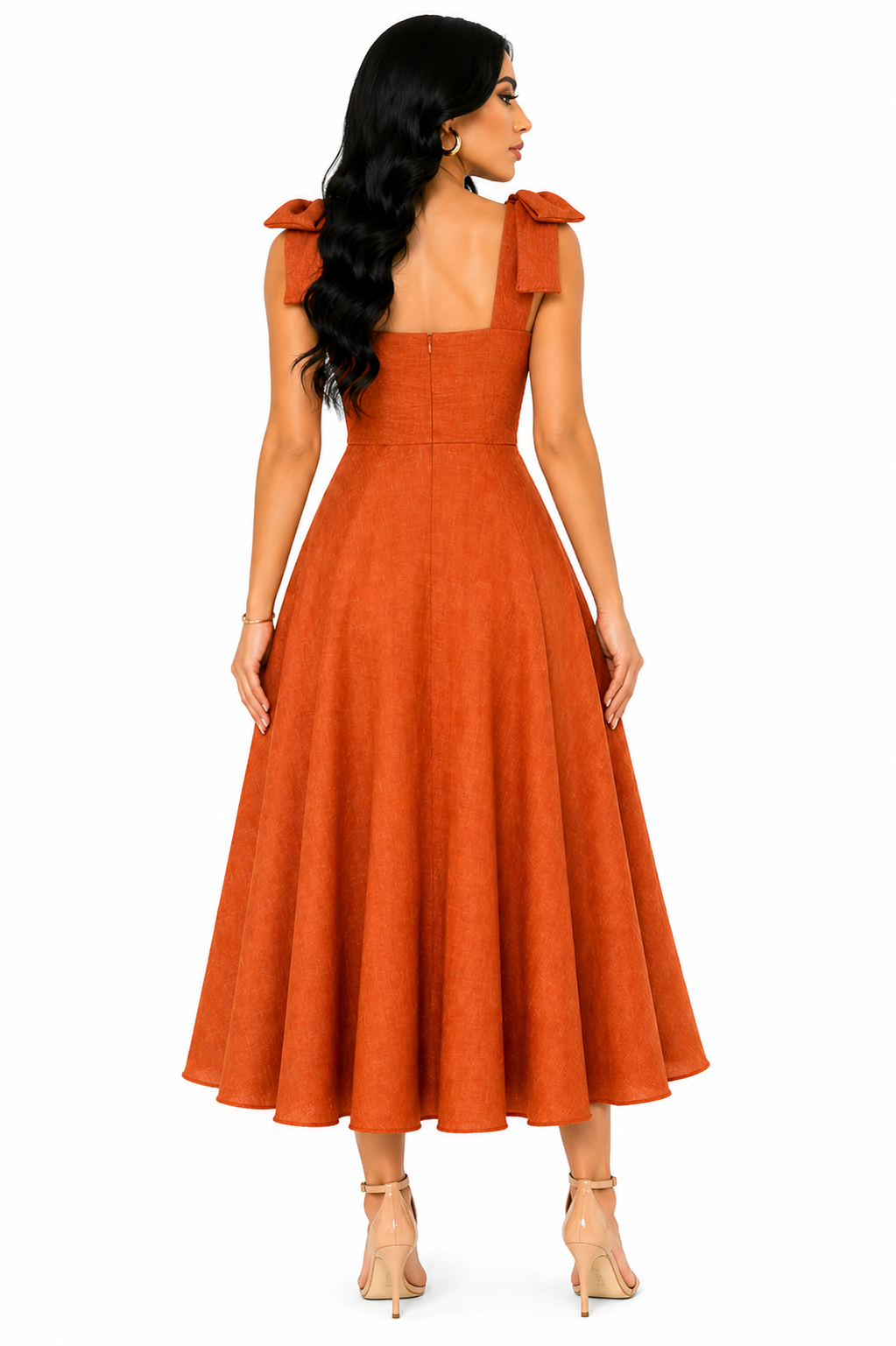 Vestido Midi Clássico Milena com Laços nos Ombros Laranja