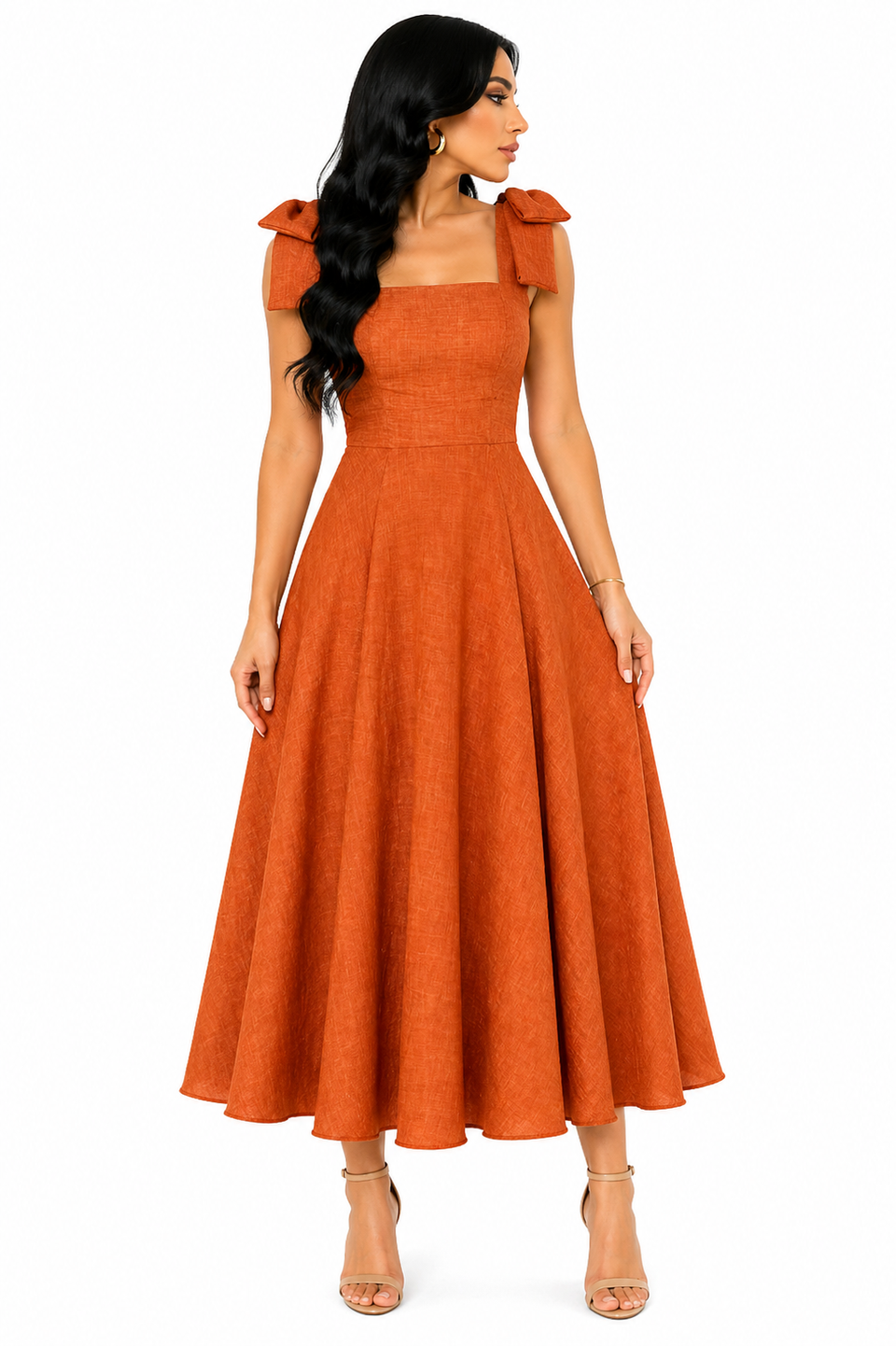 Vestido Midi Clássico Milena com Laços nos Ombros Laranja
