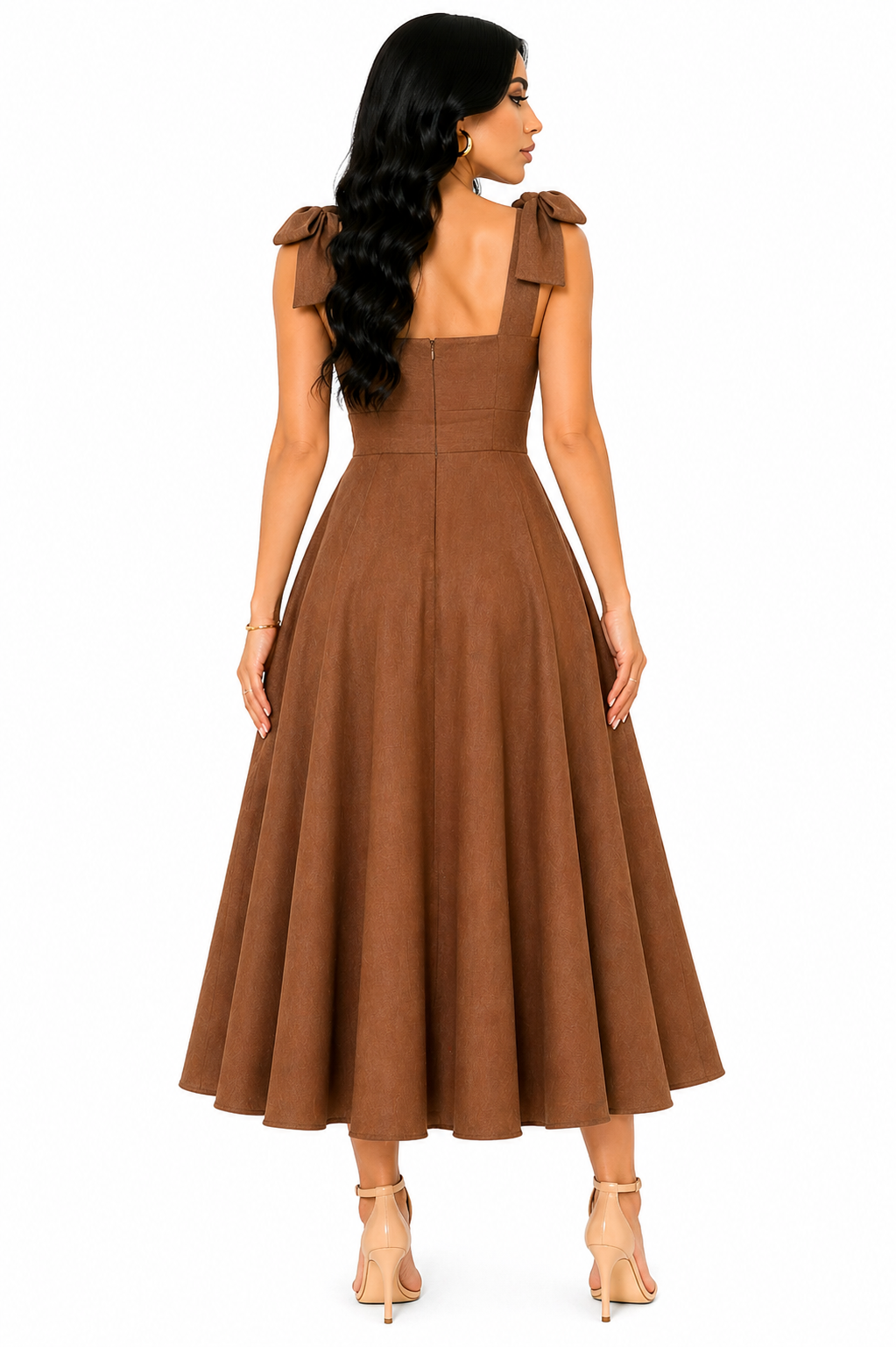 Vestido Midi Clássico Milena com Laços nos Ombros Marrom