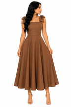Vestido Midi Clássico Milena com Laços nos Ombros Marrom