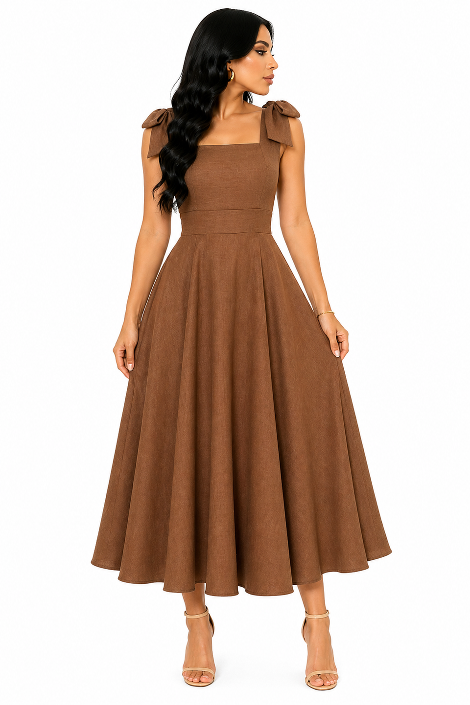 Vestido Midi Clássico Milena com Laços nos Ombros Marrom
