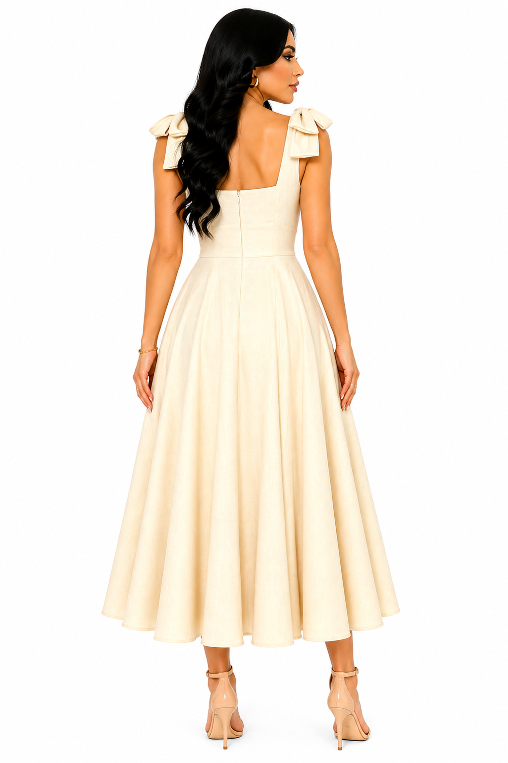 Vestido Midi Clássico Milena com Laços nos Ombros Bege
