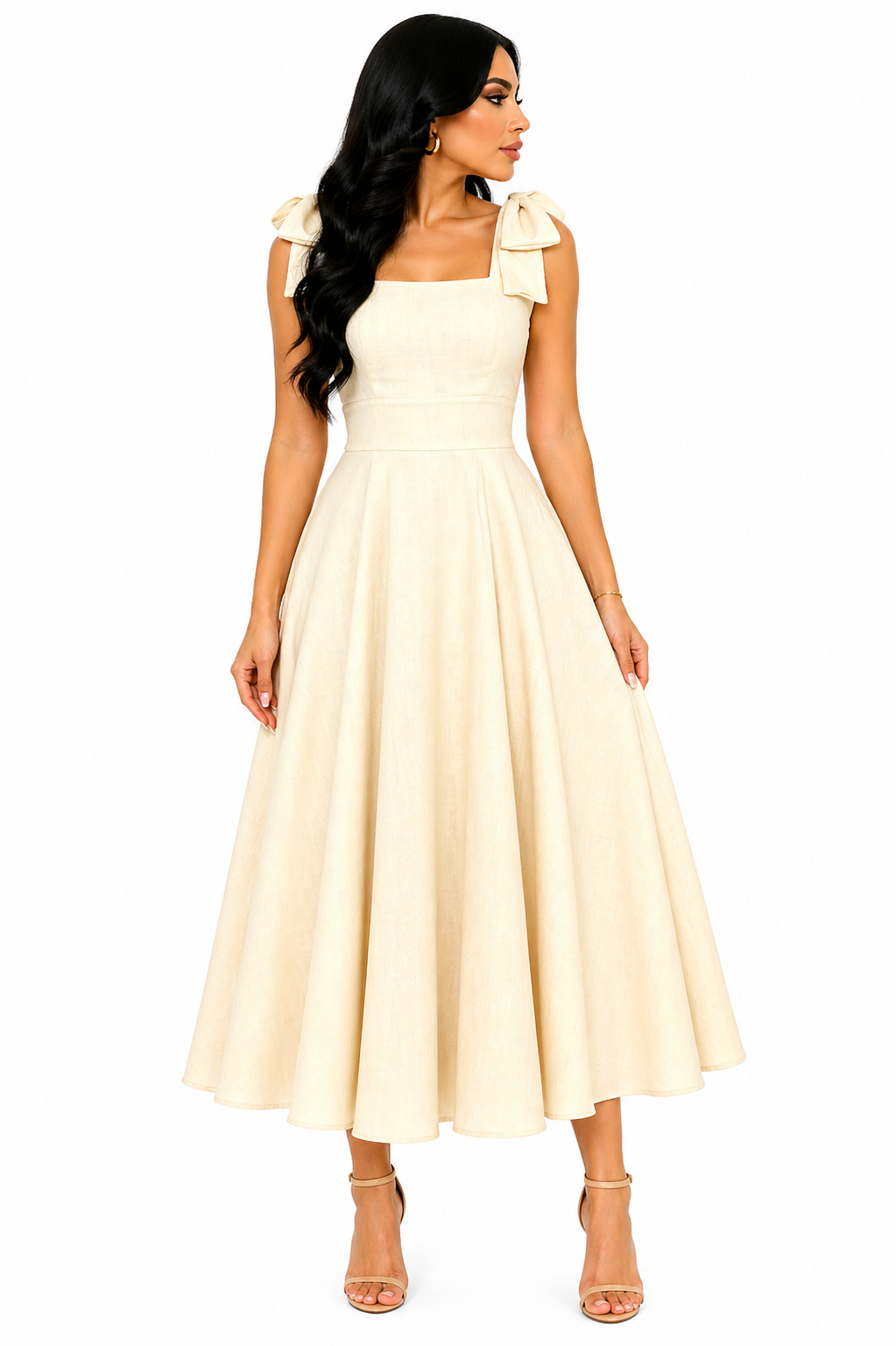 Vestido Midi Clássico Milena com Laços nos Ombros Bege