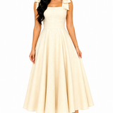 Vestido Midi Clássico Milena com Laços nos Ombros Bege