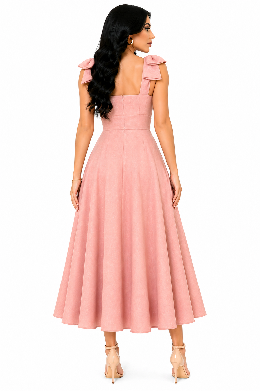 Vestido Midi Clássico Milena com Laços nos Ombros Rosa