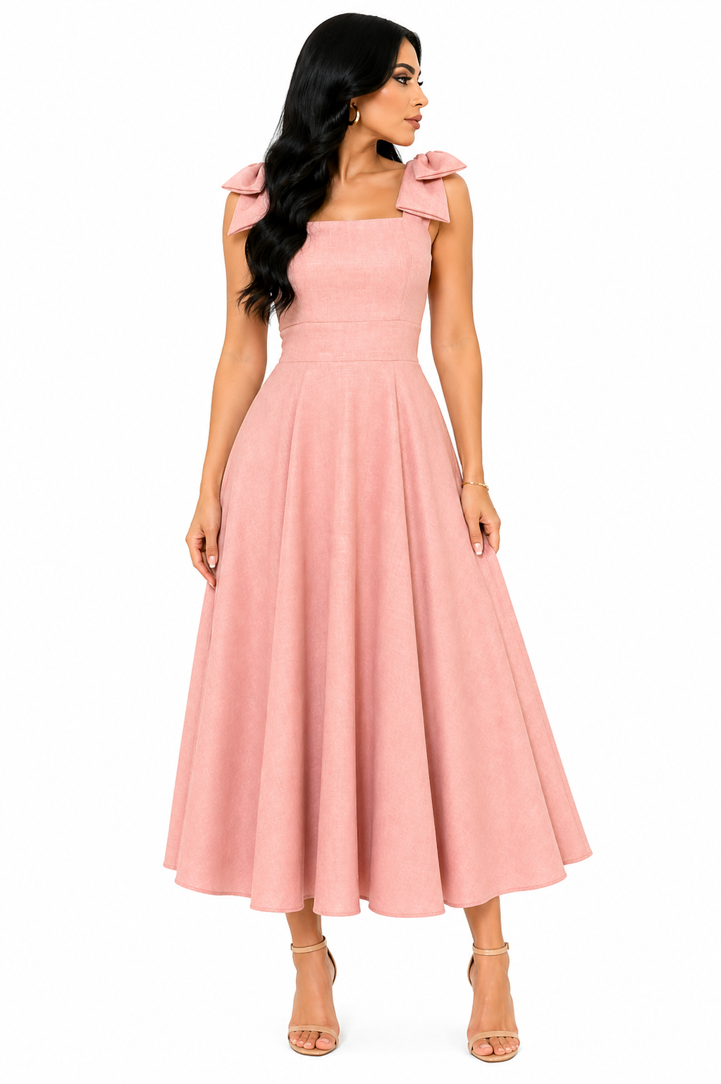 Vestido Midi Clássico Milena com Laços nos Ombros Rosa